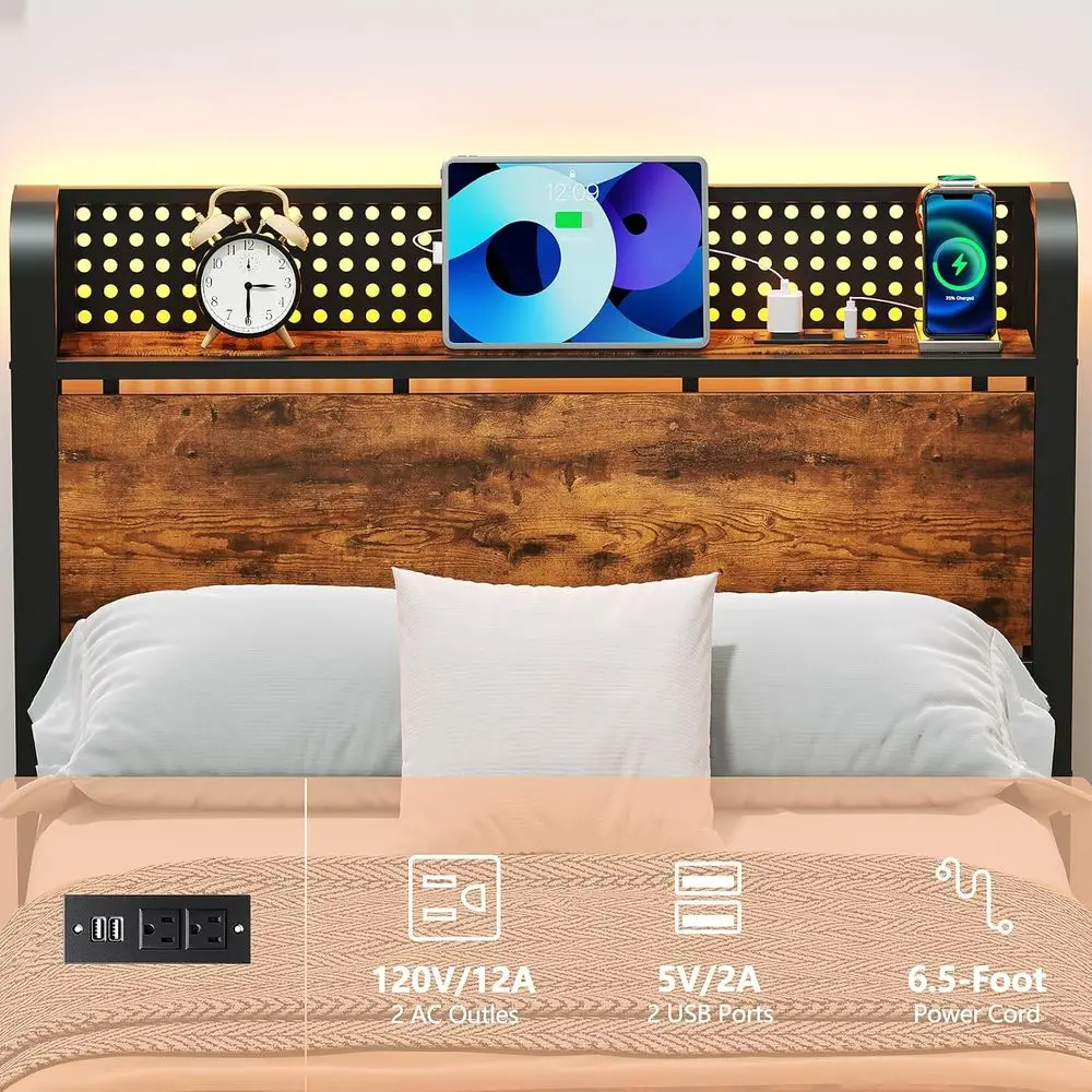 إطار سرير بإضاءة LED مزدوج الحجم مع محطة شحن، لوح رأسي للتخزين الخشبي، سرير بمنصة معدنية مع مساحة تخزين سفلية، USB P