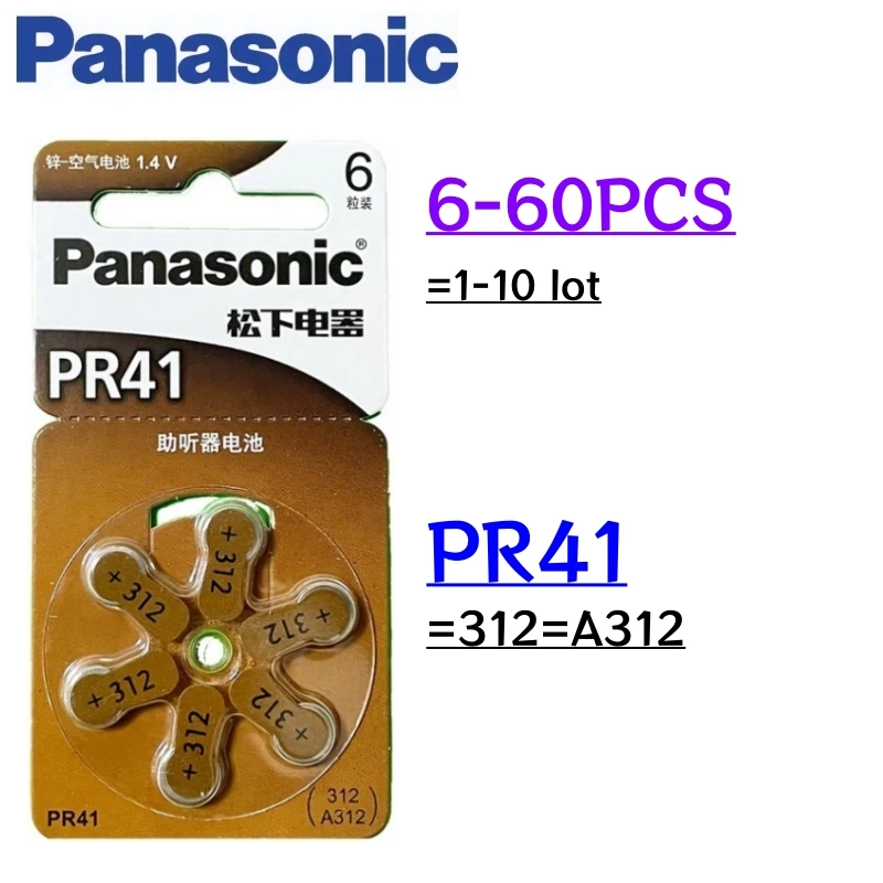 6-60pcs Original Panasonic Hearing Aid Batteries A312 312A 312 P312 PR41 Zinc Air Battery For BTE CIC RIC OE