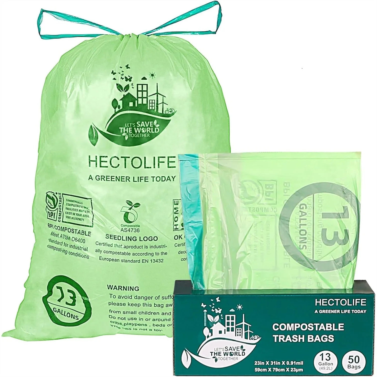 

Compostable Trash Bags 13 Gallon with Drawstring, 50 Count, Tear Resistant for Kitchen Food Scrap Waste
