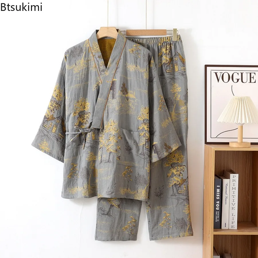 Men's Roomwear Cotton Kimono Pajamas Robes for Spring Jacquard Printed Home Clothing Medium Length Oversized Breathable Bathrobe
