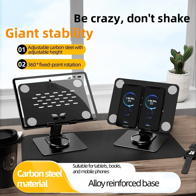 Tablet Stand Holder for Desk, Swivel iPad Stand with 360 Rotating Base, Carbon Alloy Foldable Desktop Stand Holder