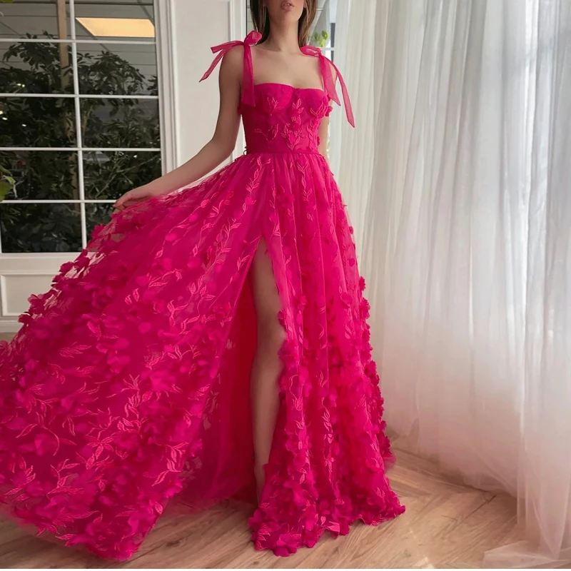 Elegant Lace Fuchsia 3D Flowers Leaves Prom Dresses Sexy Straps High Split A line Boho Fairy Prom Evening Party Gowns 2024