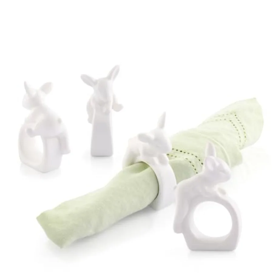 

Napkin Rings White Stoneware Climbing Bunny Design Set of 4 - Durable and Charming Ideal for Easter and Spring Table Settings A