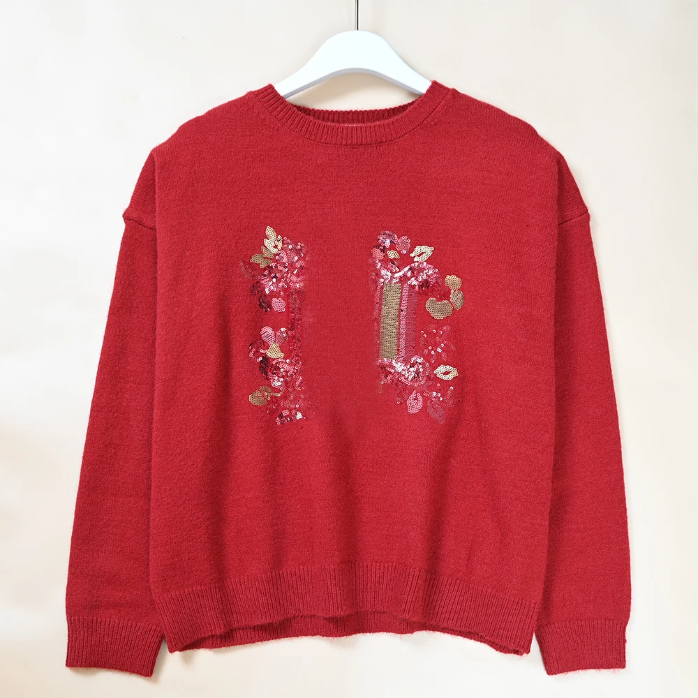 Sweter damski z wełny, dziergany, z cekinami, z okrągłym dekoltem, luźny krój, casualowy, wygodny, nowy model na wiosnę...