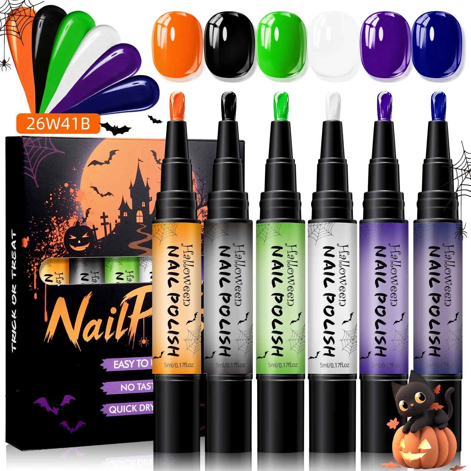 Halloween Peel Off Water Nail Polish Pens Bake Quick Drying Nail Art Varnish Kit for Halloween Cosplay DIY Manicure Decorations
