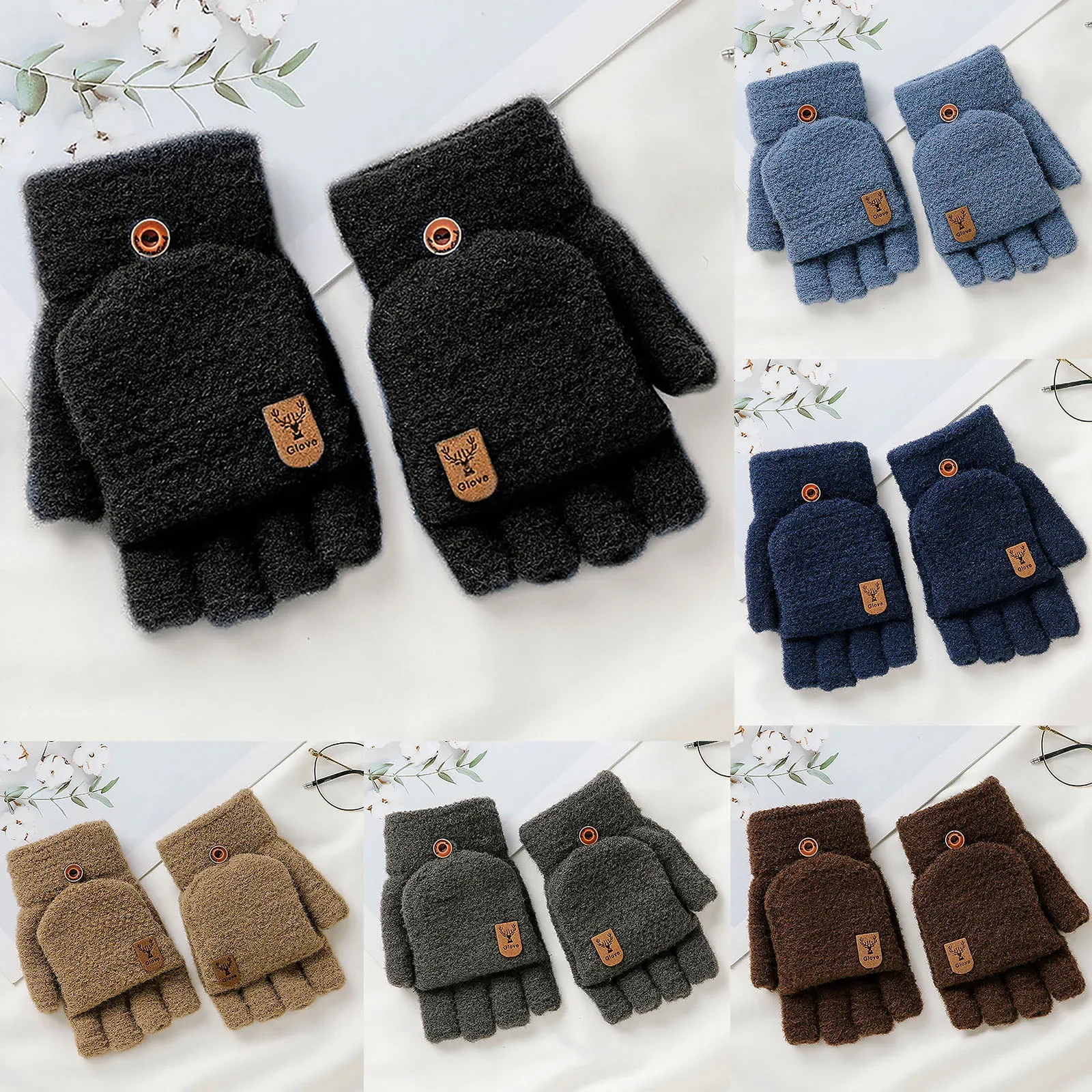 

2024 Winter Warm Thickening Wool Gloves Knitted Flip Fingerless Exposed Finger Thick Gloves Without Fingers Mittens Glove Women