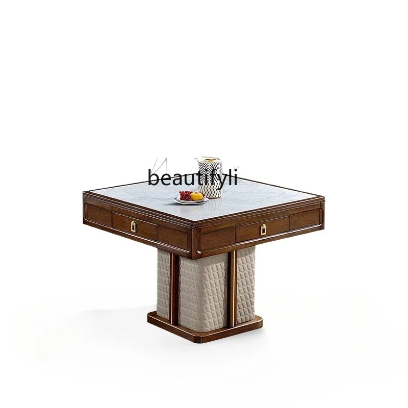 

New Chinese solid wood automatic household rock slab mahjong table dining table dual-purpose integrated multi-function