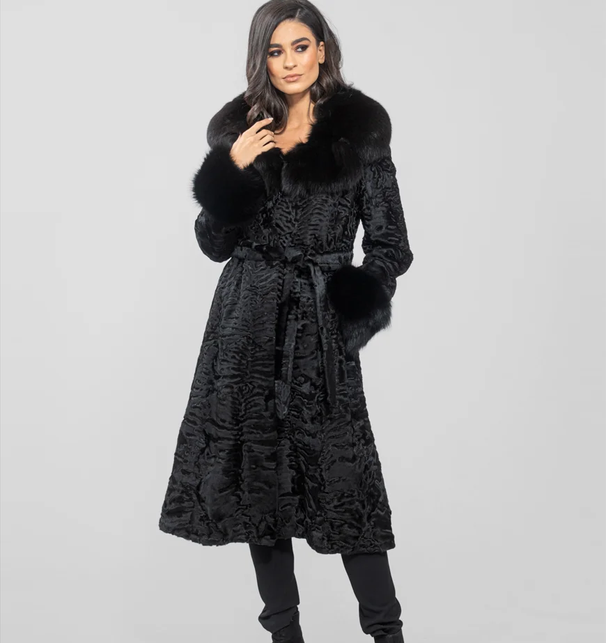 Women's Long Karaku Fur Coat with Fox Fur Collar, Warm and Fashionable in Winter, New