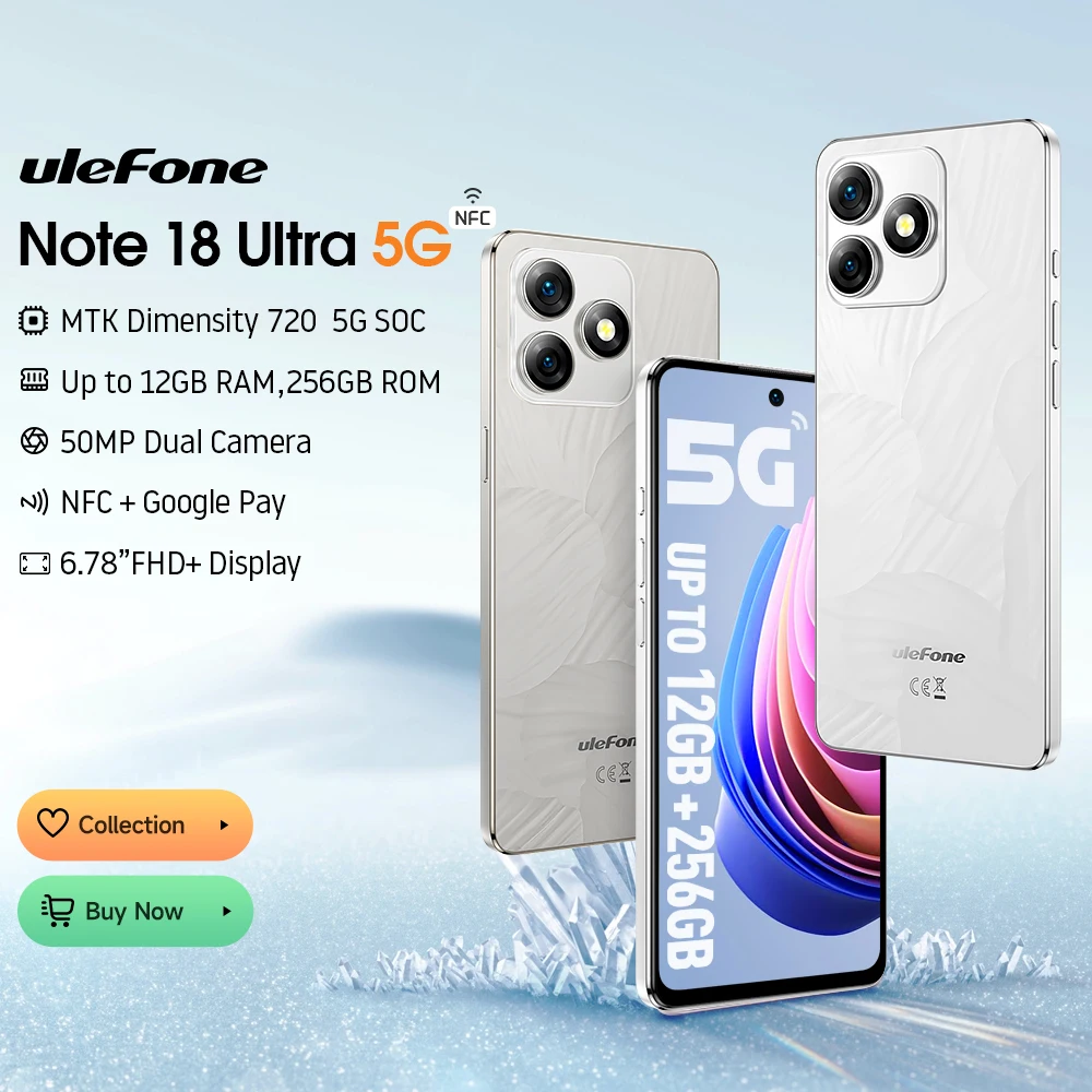 (New)Ulefone Note 18 Ultra 5G Smartphone 12GB RAM(6+6) 256GB ROM 6.78'' NFC 50MP MTK Dimensity 720 Android
