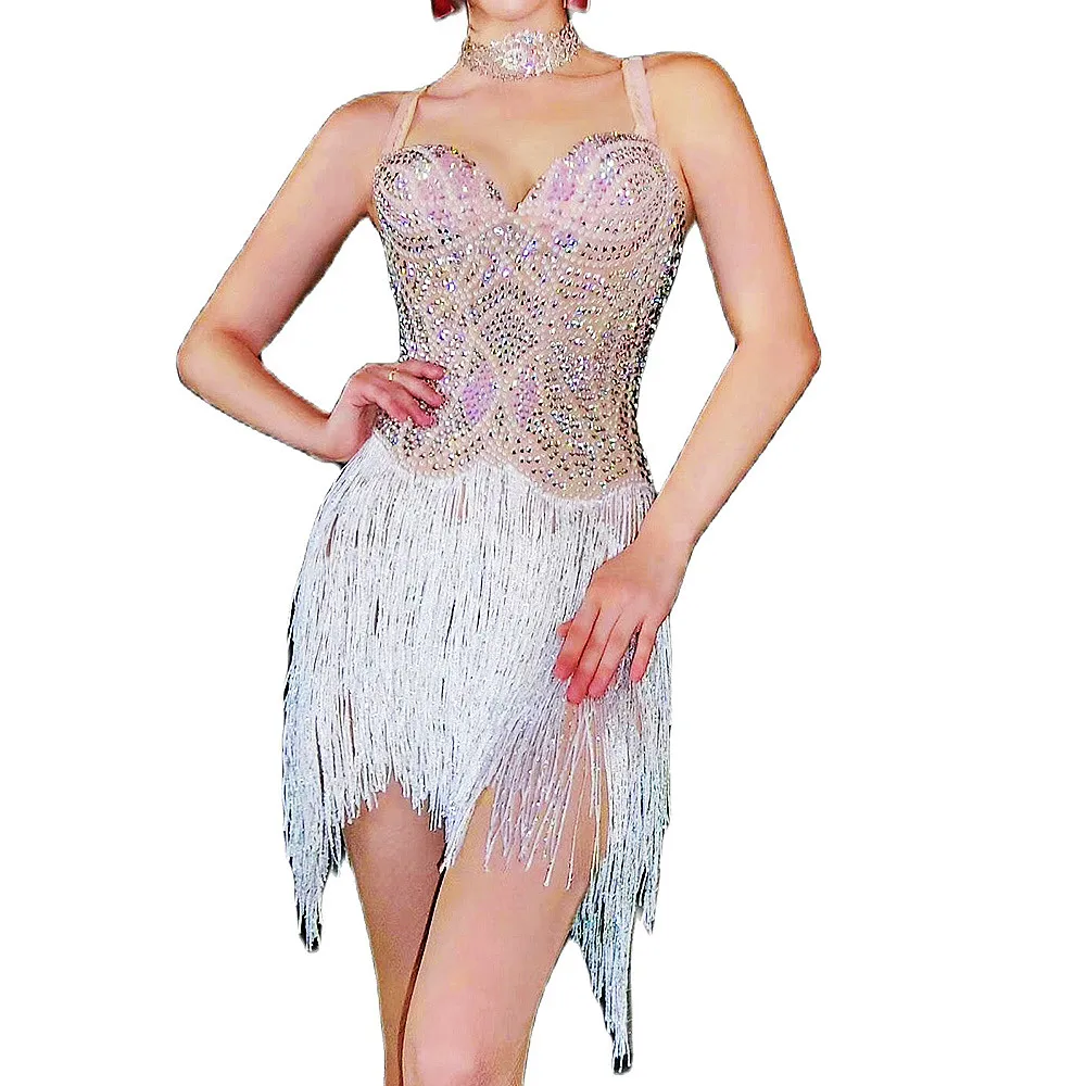 Spaghetti Strap Shining Rhinestones Tassel Sexy Dress For Women Nightclub DJ Clothing Prom Jazz Latin Wear Stage Singer Costume