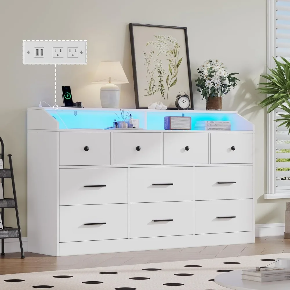 خزانة ملابس مقاس 55 بوصة ذات 10 أدراج مع قاعدة شحن وإضاءة LED - خزانة تخزين خشبية للمزرعة لغرفة النوم والمدخل والمكتب - S