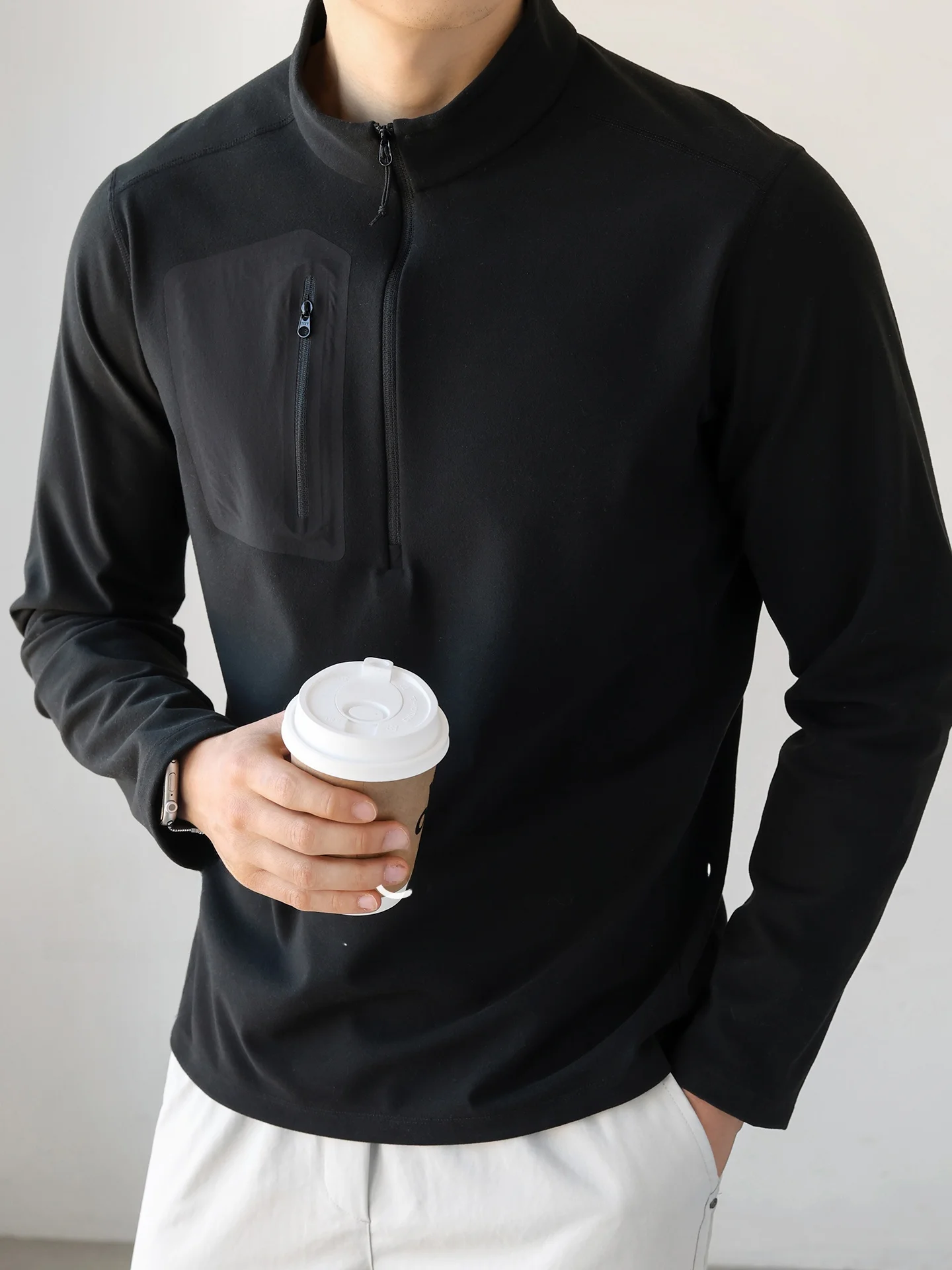 Heated Thermal Long Sleeve T-Shirt Men's Outdoor Running Cycling Training Wear Fleece Double-sided Half Zipper Warm Sweatshirt view 3