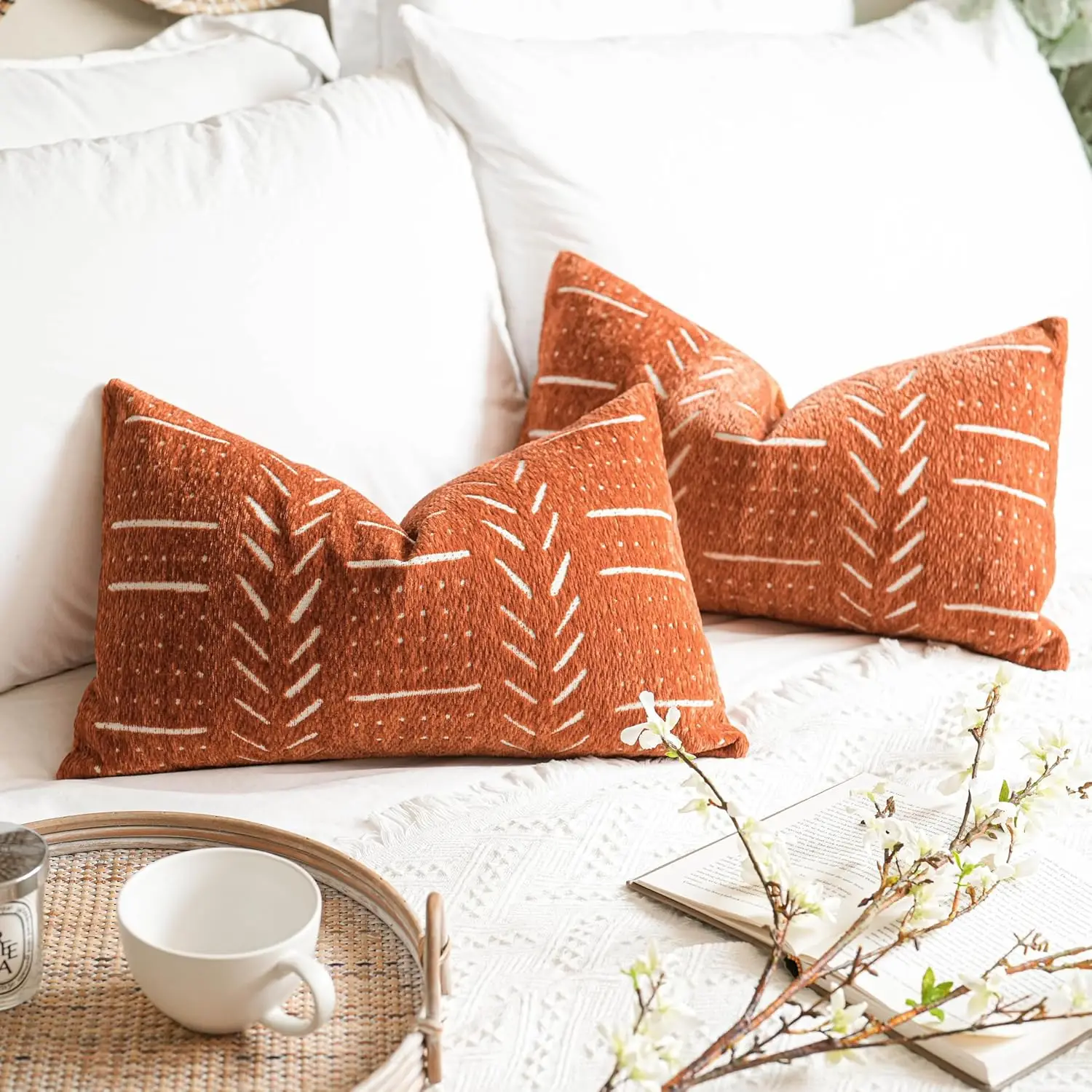 

Bri Red Decorative Lumbar Throw Pillow Covers 12X20, Set Of 2, Rust Boho Farmhouse Cushion Cover, Soft Accent Pillowcase For