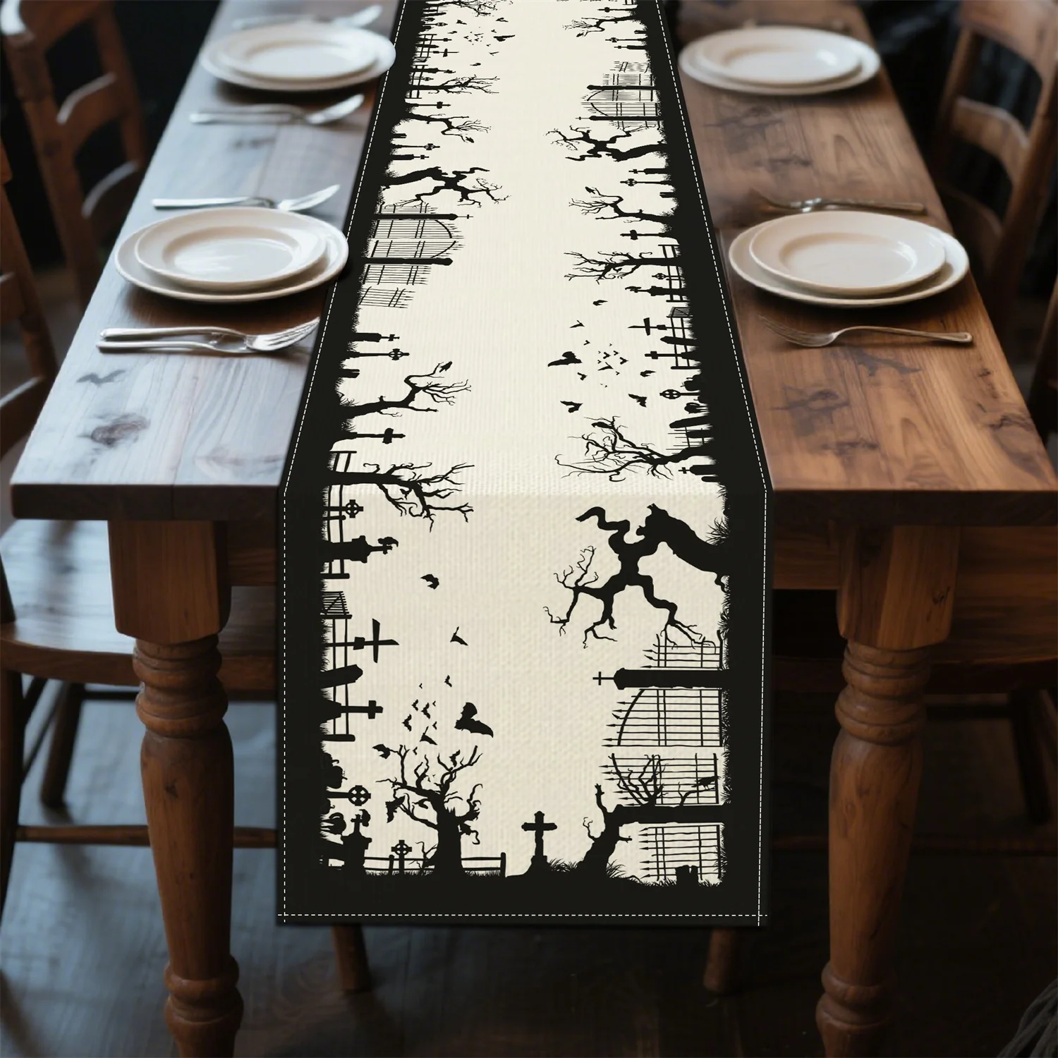 1pc Graveyard Dead Tree Bats Halloween Table Runner Farmhouse Decoration for Indoor/ Outdoor, Dining, Kitchen, Halloween Home Pa