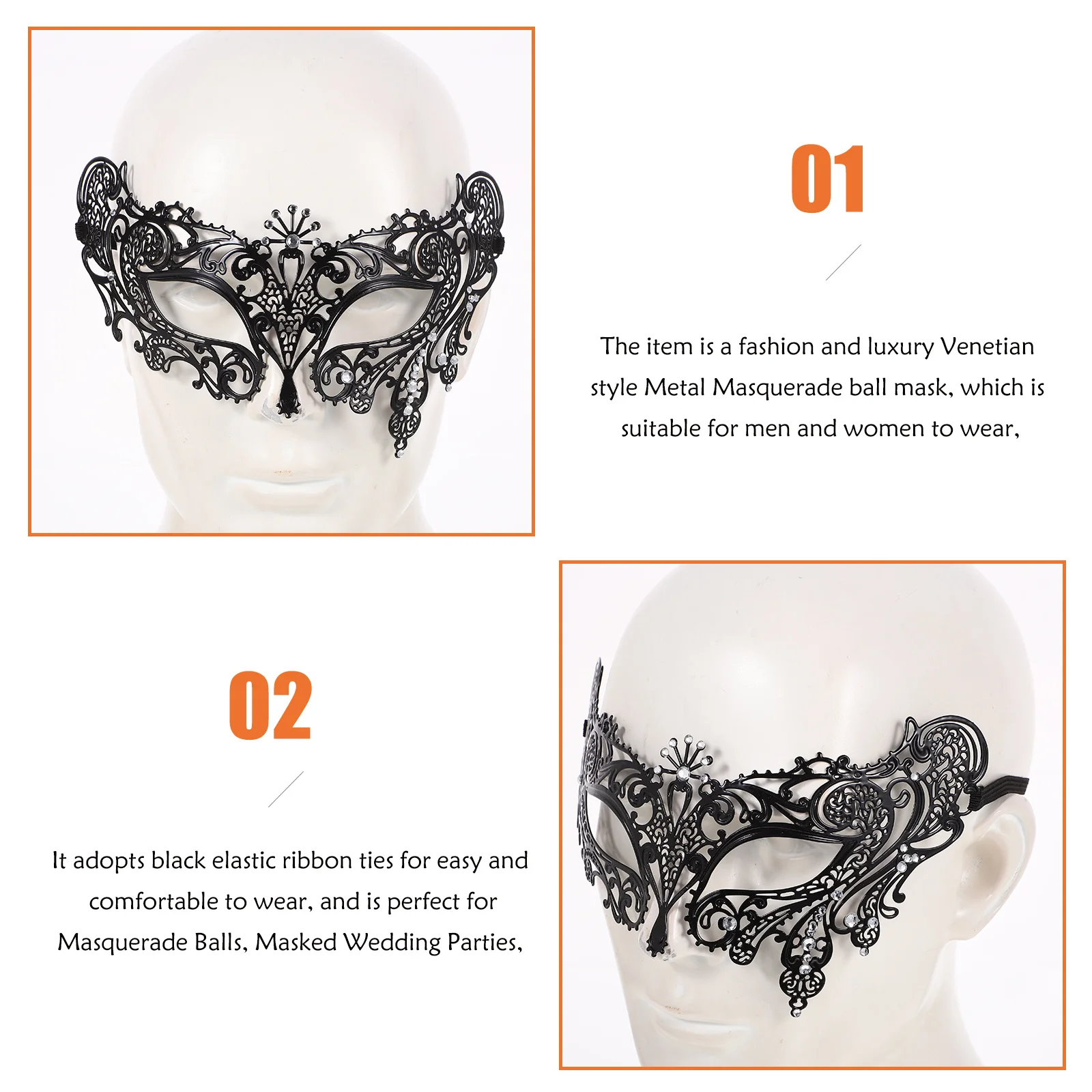 

Fashion Luxury Black Metal Masquerade Mask Elastic Band for Wedding Party Festival Mardis Gras