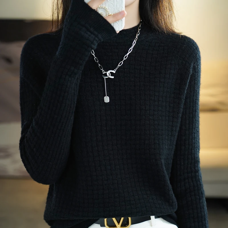 Fashion 100% merino wool top women's sweatshirt sweater semi-high neck long-sleeved pullover sweater in autumn and winter