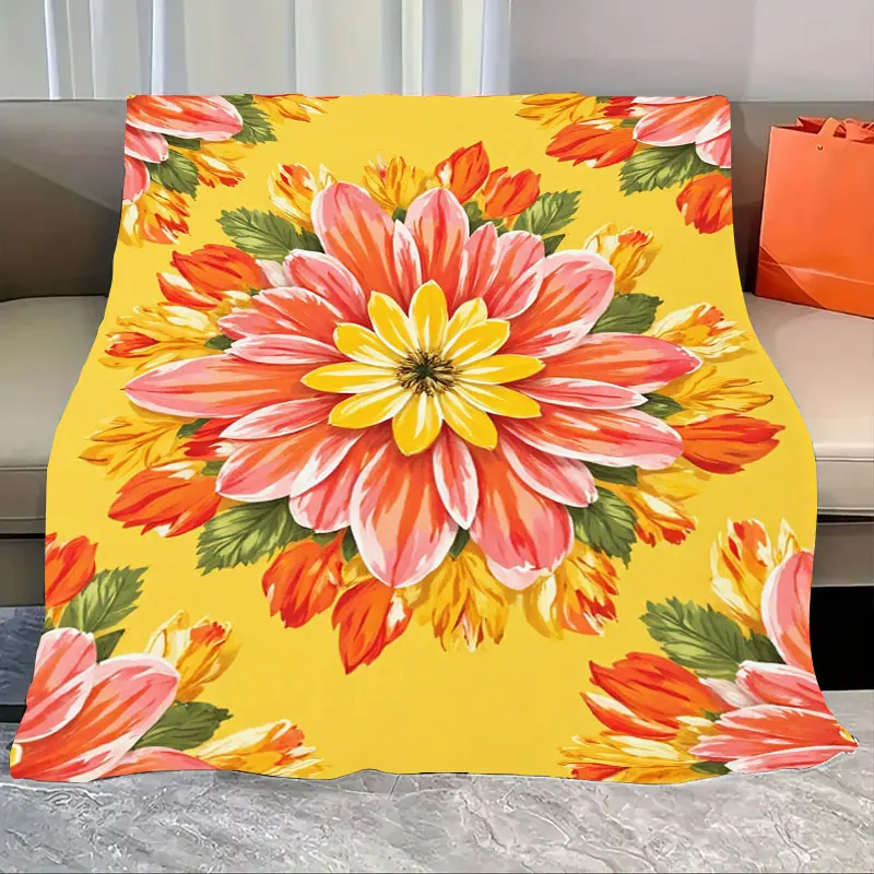

1 шт. фланелевое одеяло с ярким цветочным принтом - ярко-желтый и оранжевый цветочный дизайн для домашнего декора