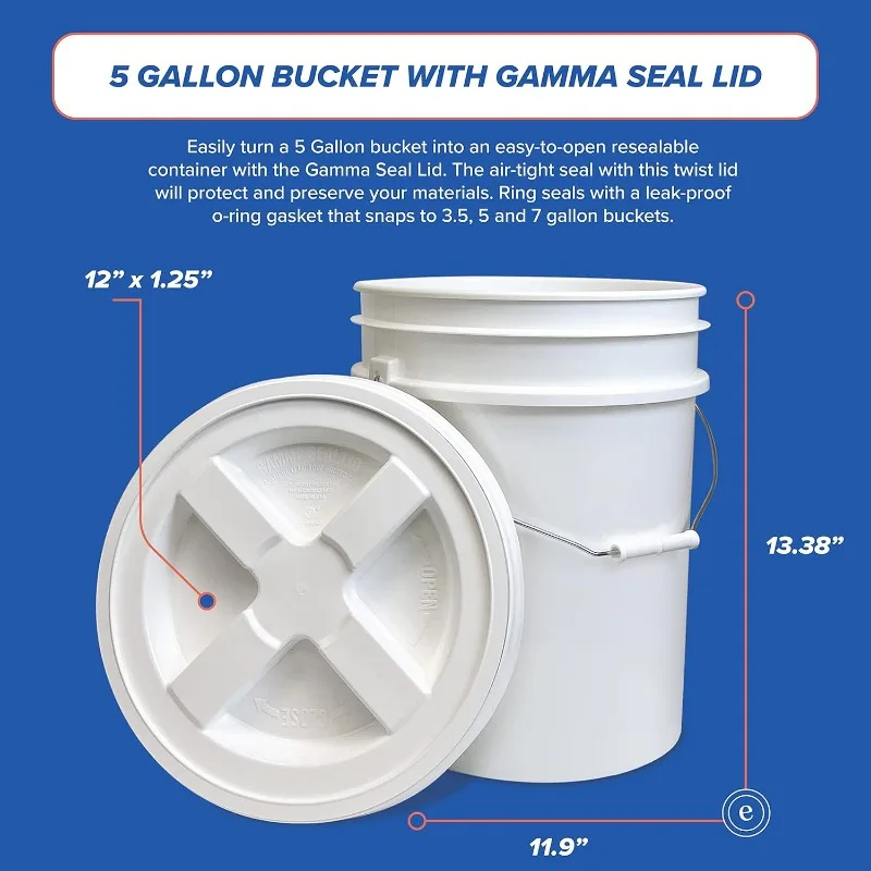 5 Gallon Bucket with Gamma Seal Screw on Airtight Lid, Food Grade Storage, Premium HPDE Plastic