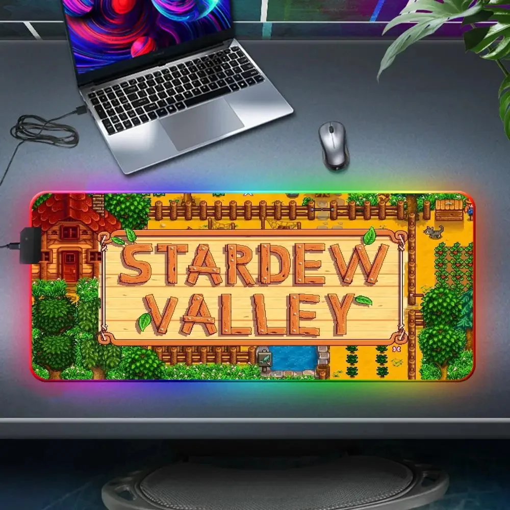 S-Stardew Valleys Rgb Mouse Pad 800x300mm PC Mausepads Anime Computer Desk Mat Backlight Mouse Carpet for Mause Keyboard Pad LED