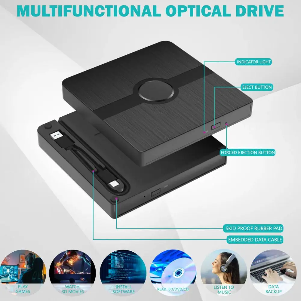 

External DVD Drive USB 3.0 Type-c 3D Portable Mobile Optical Drive CD DVD Burner Player Card Reader For Laptop Windows 11 M Q3W3