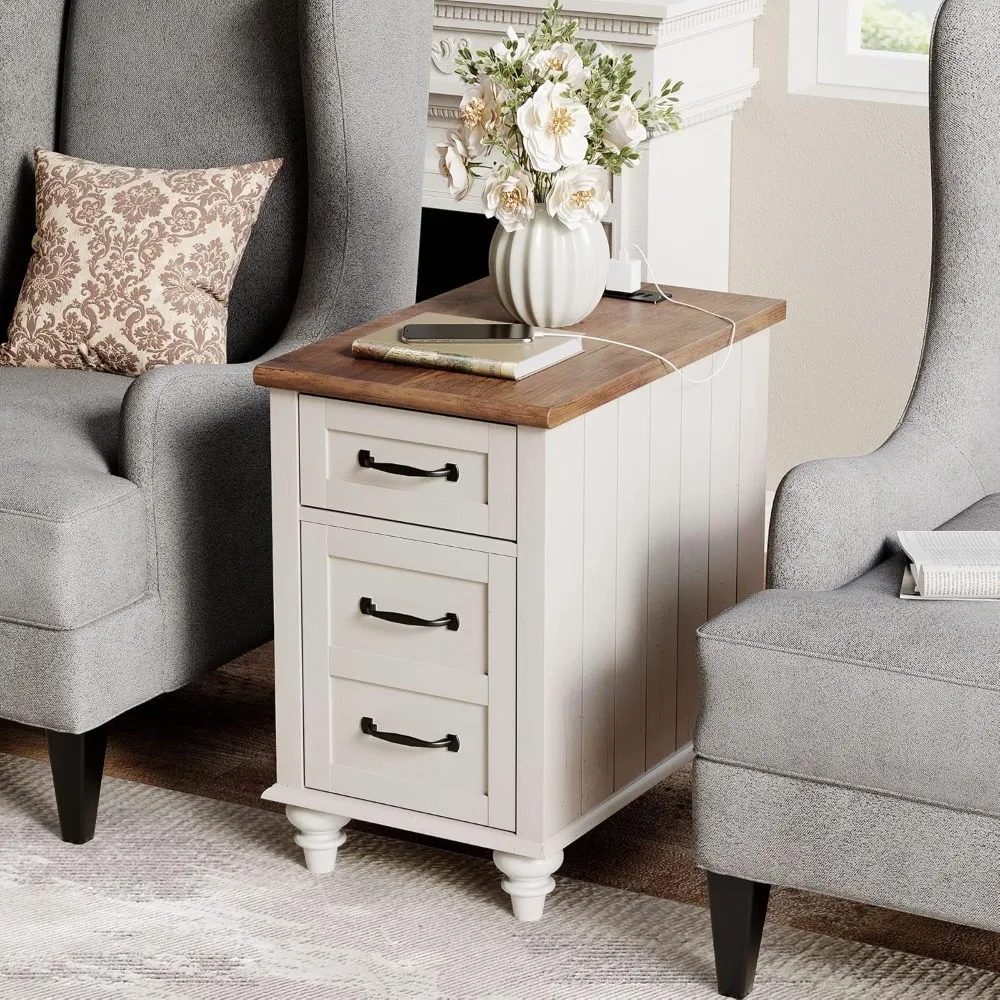 

End Tables with Charging Station, White Wood Sofa Side Table with Drawer & Storage Cabinet, Modern Nightstand