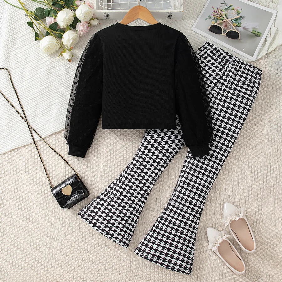 New Girls' Suit Pullover Children's Thousand Bird Grid Micro-pull Trousers Medium and Children's Two-piece Suit