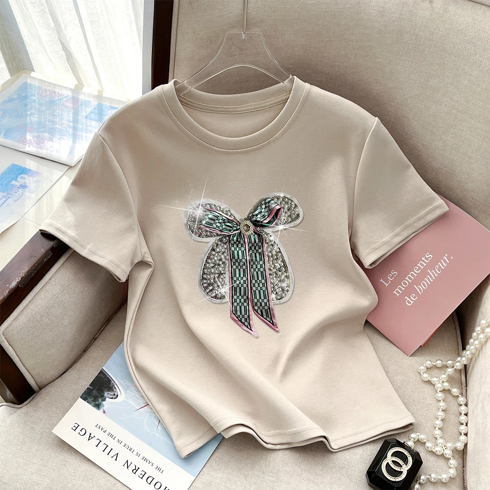 Summer Fashion Trendy Bow  Round Neck T-shirt Short Sleeve Top Women Breathable Loose Round Neck Tops Korean