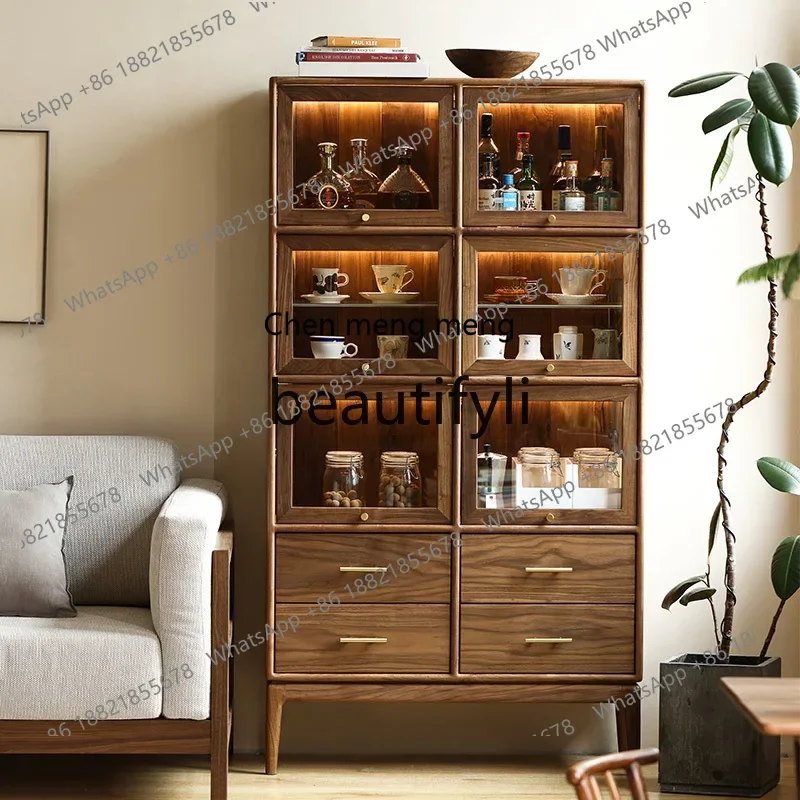 

M178 All solid wood black walnut glass with lamp wine cabinet display cabinet living room locker