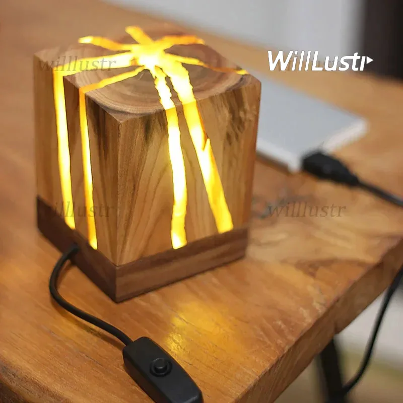 Cracked Wood Table Lamp Modern USB Night Light Hotel Cafe Bar Club Living Room Bedside Minimalist Wooden Desk Lighting