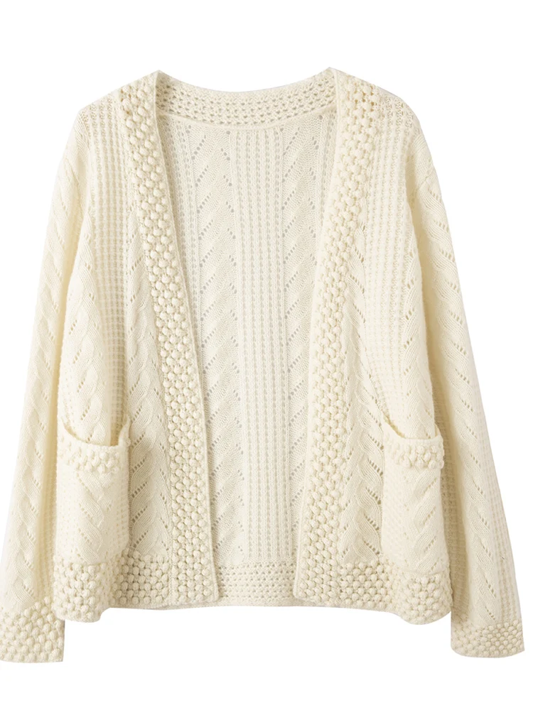 Addonee Autumn Winter Women’s V-neck Cardigan 100% Merino Wool Hollow Twist Long Sleeve Cashmere Knitted Sweater Korean Fashion