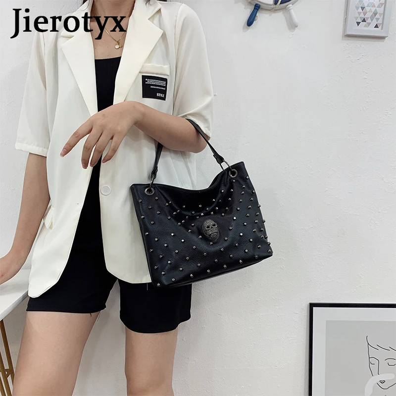 JIEROTYX Women Bag PU Leather Crossbody Bag Purse Gothic Skull Handbag High Quality Fashion Rivet Punk Shoulder Bags Female