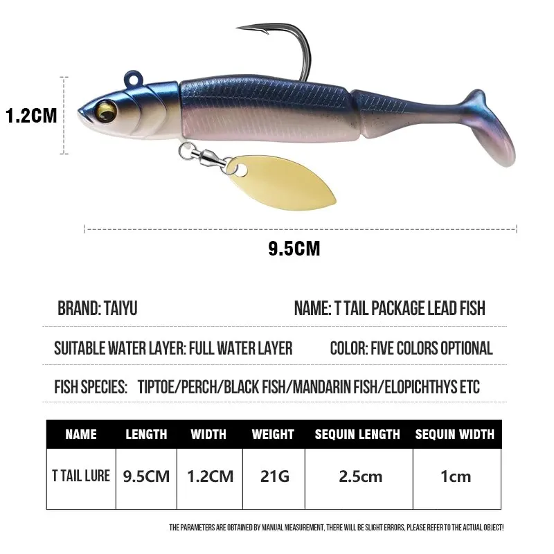 TAIYU Jig Head Soft Fishing Lures 21g T-tail Silicone Lure Wobblers Metal Spinner Spoon Bait For Pike Trout Bass Fishing Tackle 썸네일 2