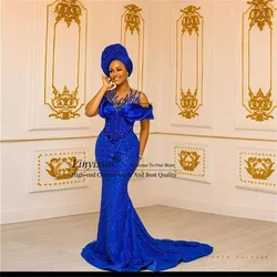 Asoebi Styles Lace Mermaid Prom Dresses With Beaded Off Shoulder Formal Evening Party Gowns Long African Women robes de soirée