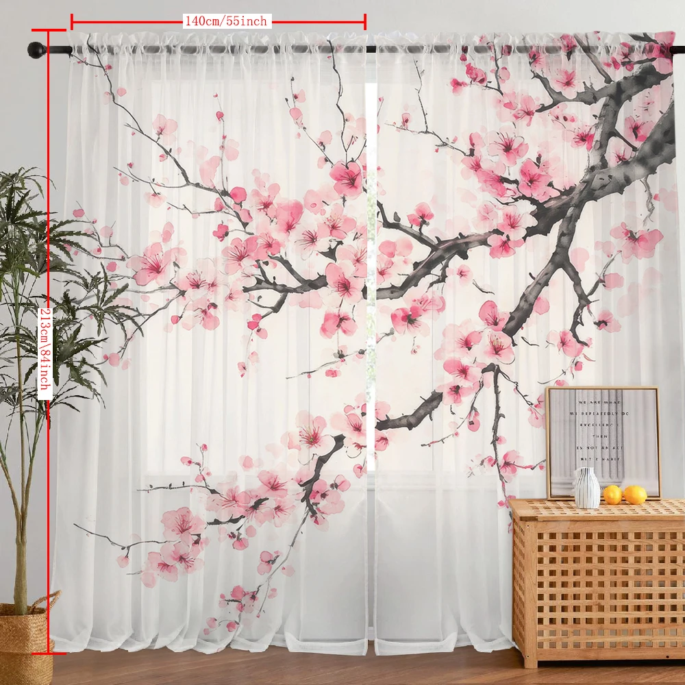 2Pcs Ink Style Peach Blossom Tree Print Home Decoration Window Screens Suitable For Kitchen, Coffee Shop, Restaurant, Bedroom