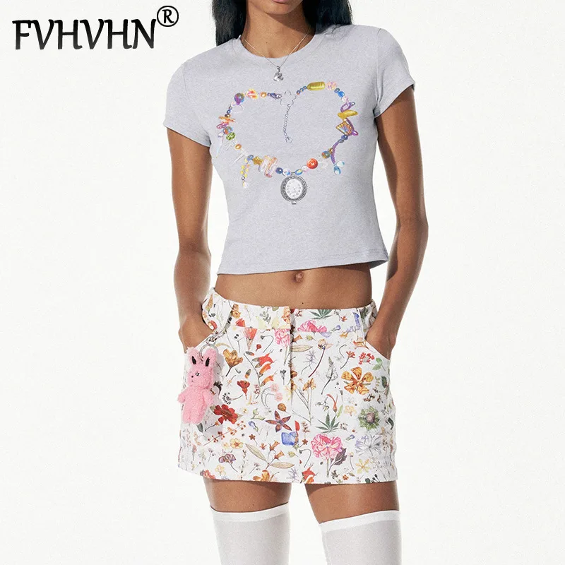 

FVHVHN Fashion Printed Chain Design Short Sleeve T-shirt For Women Flowers Contrast Color Wrapped Hip Mini Skirts Y2K 1A107