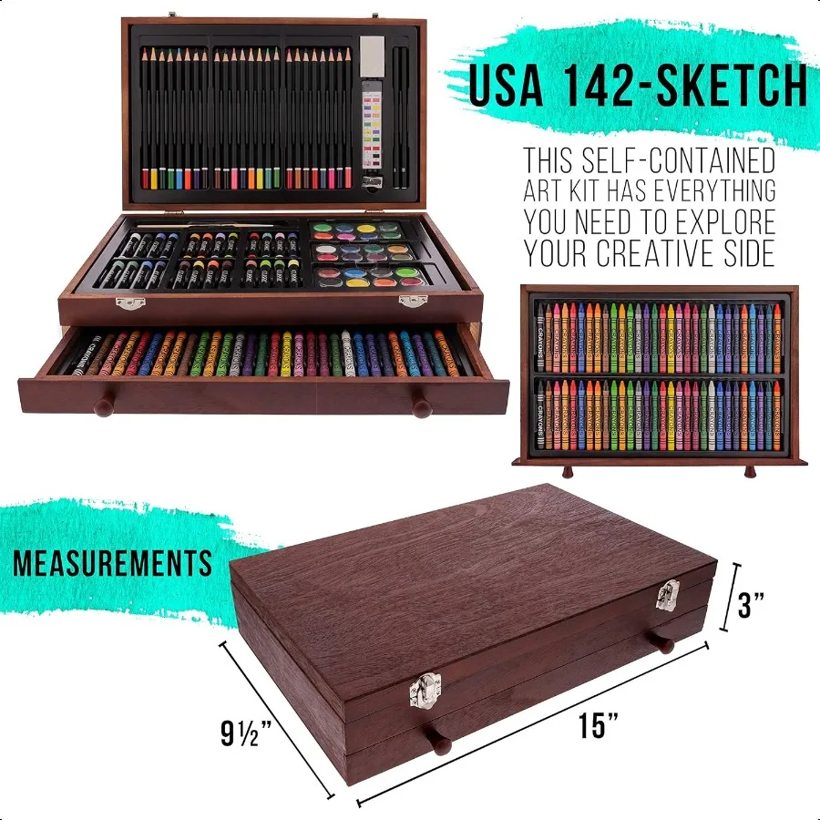 U.S. Art ply 162Piece Deluxe Mega Wood Box Art Painting and Drawing Set Artist Painting Pad 2 Sketch Pads 24 Watercolor Paint C