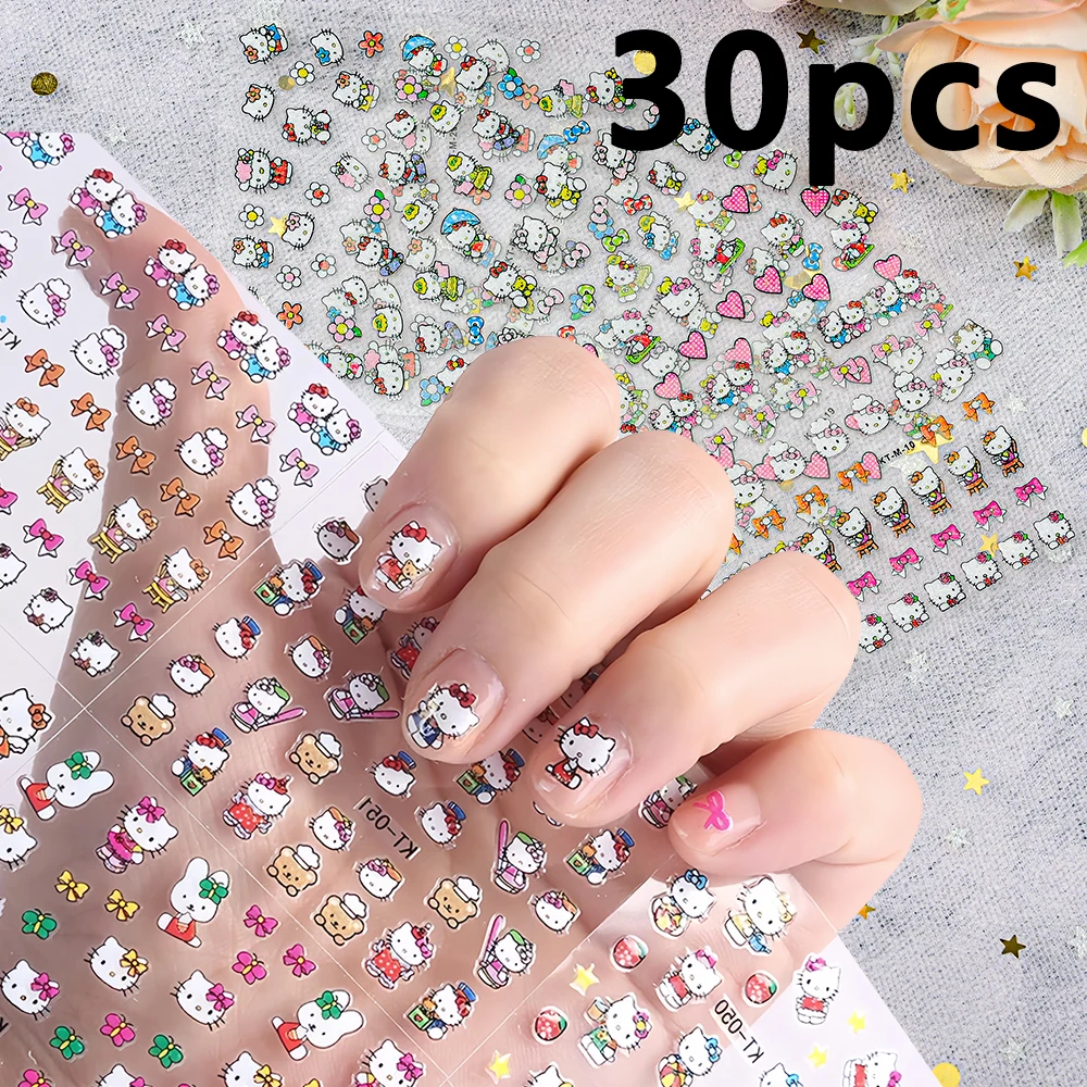 30pcs Hello Kitty Mini Sparkling Nail Stickers Colorful Love Bow Flower Kids Nail Decals Set Kawaii Headset Decorative Stickers