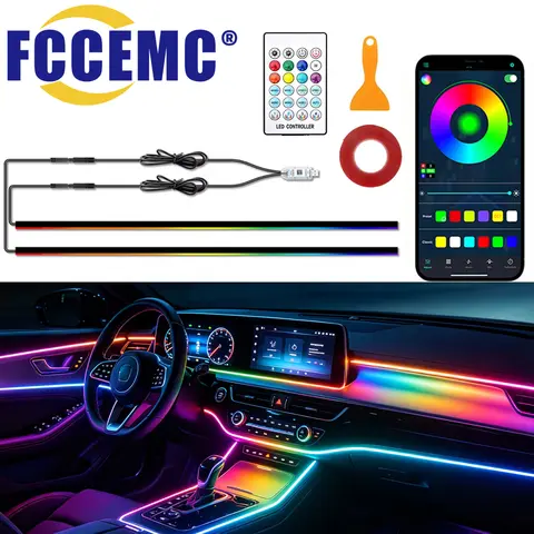 LED Car Interior Ambient Mood Light Neon Acrylic Strip USB App Remote Control Full Color RGB Dashboard Hidden Atmosphere Lamp ﻿