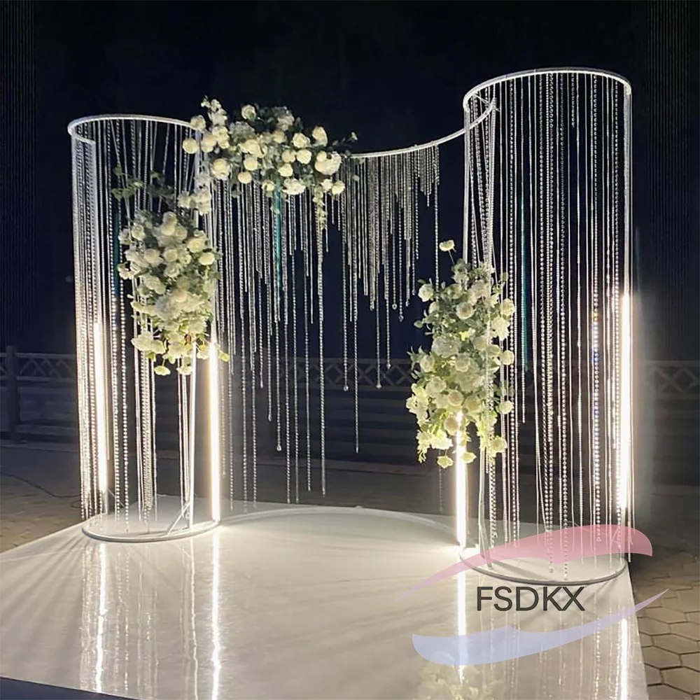 

Wedding stage backdrop decoration white arch curve shape metal backdrop stand with hanging crystal