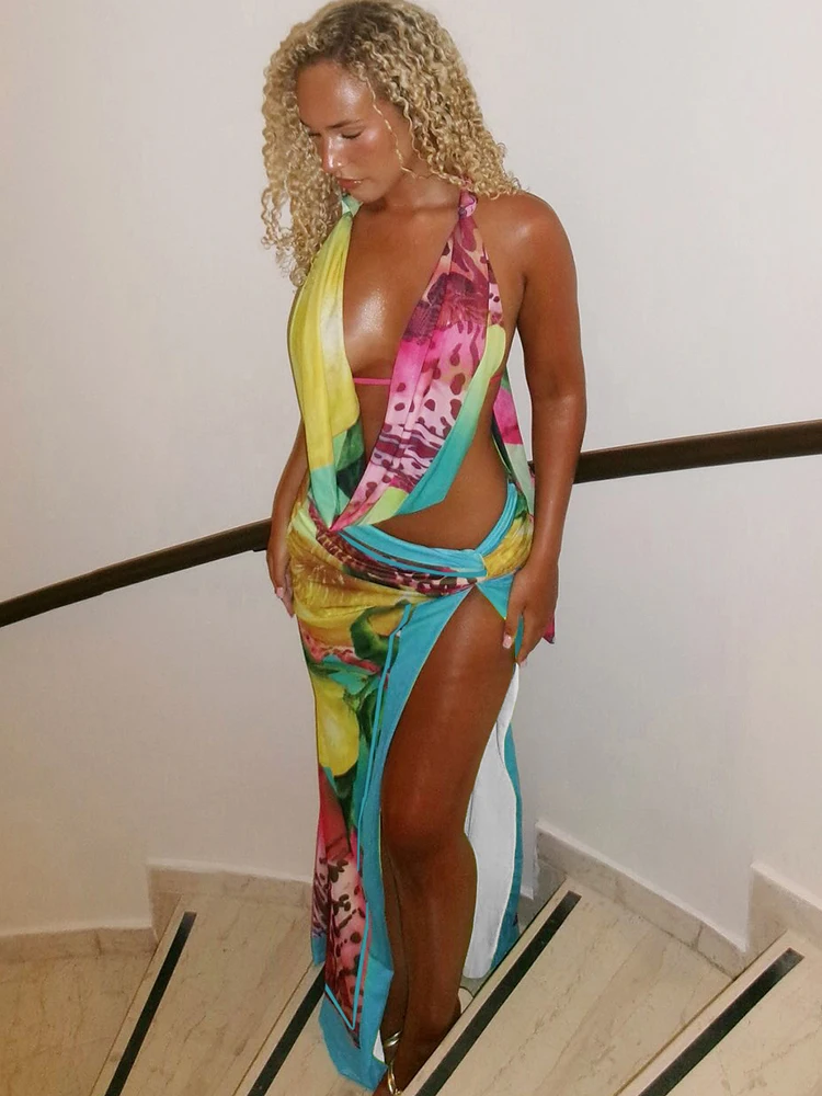 Weird Puss Colorful Y2K Beach Women 2 Piece Set Leopard Vacation Halter Tank Tops+Wrapped Maxi Skirts Matching Midnight Clubwear