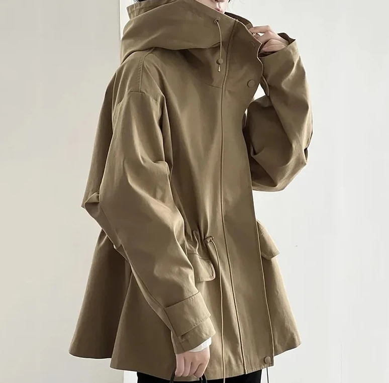 موضة ربيع الخريف للسيدات سترة بقلنسوة جديدة لعام 2025 سترة نسائية كورية فضفاضة بتصميم عتيق سترة واقية معطف نسائي خارجي غير رسمي #5