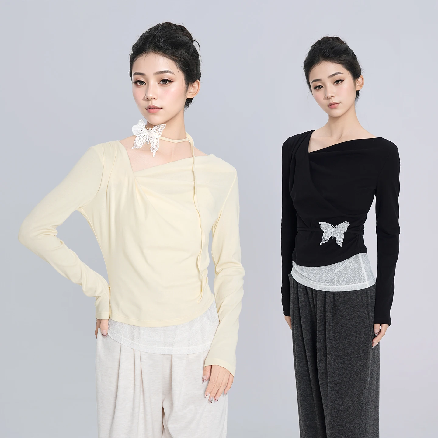 

Woman Dance Tops V-neck Modern Tops Long Sleeve Dance Outfit Adult Teen Gymnastic Yoga False Two Pieces Dance Blouse