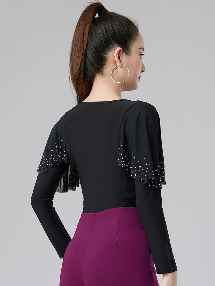Diamond Long Sleeve Mesh Top Latin Dance Top Women's National Standard Dance Chacha Rumba Tango Modern Dance Costumes DQL11744