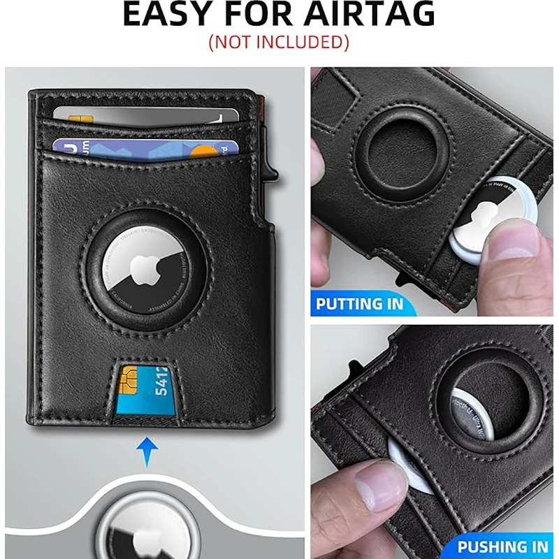 YATBEST Men's Genuine Pickup Bag RFID Anti Theft Brush Magnetic Tape Airtag Positioning Slot Automatic Pop up Metal Wallet