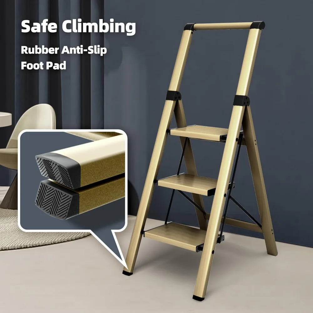 

3 Step Foldable Aluminum Step Ladder with Handgrip, Anti-Slip Pedal, 330 lbs Capacity, Lightweight & Portable for Home, Kitchen