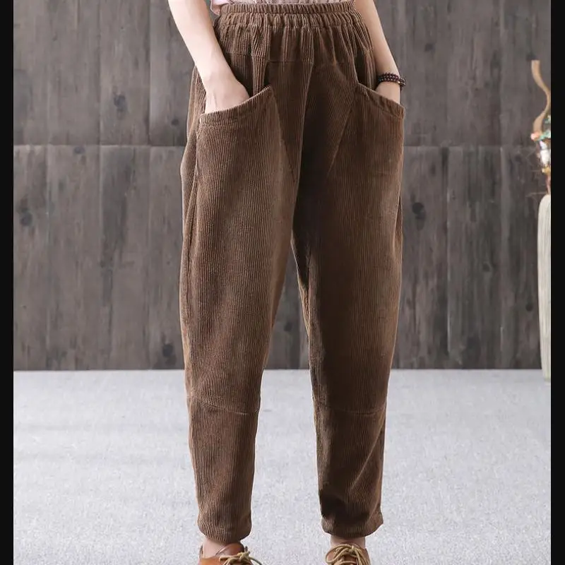 

Net Red Style Temperament Handsome Simple Feet Pants Women's Bud High Waist Corduroy Harem Pants High Waist Pants