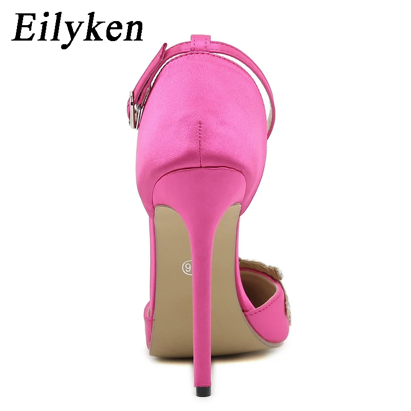 Eilyken Satin CRYSTAL Pumps Women Ankle Strap Pointed Toe Bridal Stiletto Heels Party Prom Stripper Wedding Shoes Zapatos Mujer