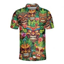 Fashion Tiki Mask Graphic Short Sleeve Polo Shirts For Men Clothes Tropical Polynesia God Lapel POLO Shirt Kids Button  Clothing