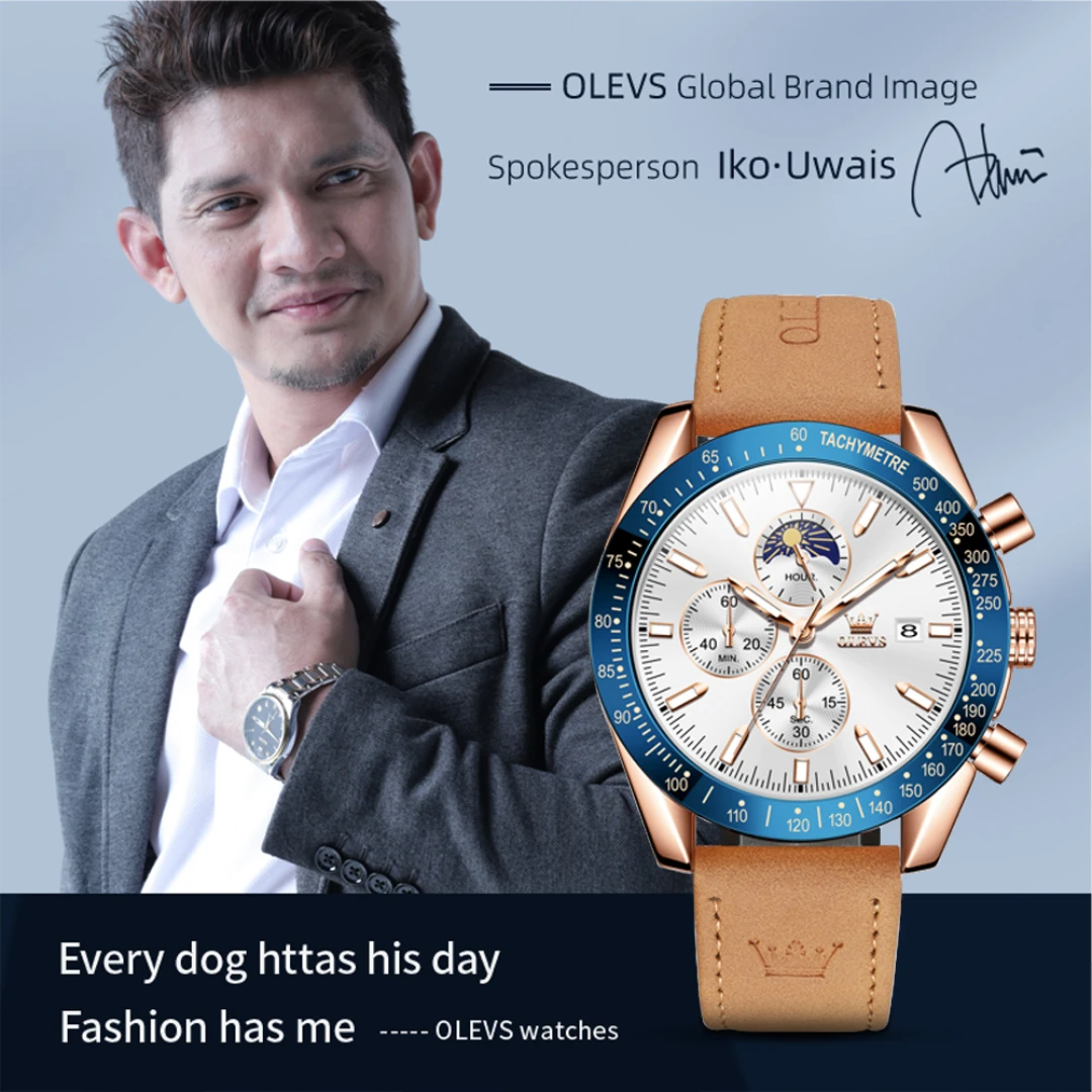 OLEVS 9980 كوارتز ساعة عصرية هدية مستديرة الطلب جلد طبيعي حزام الساعات ساعة اليد مرحلة القمر كرونوغراف التقويم