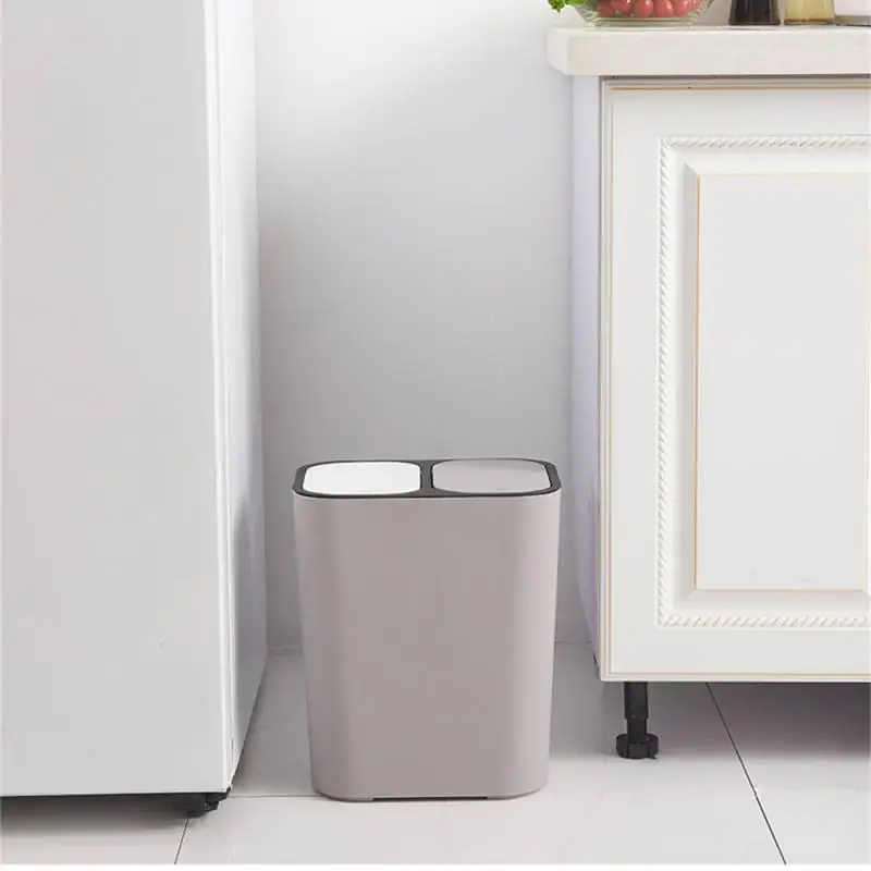 Trash Can Dual Compartment Sorting Trash Bin Rectangle Plastic Push-button 12liter Waste Bins Household Recycling Garbage Can